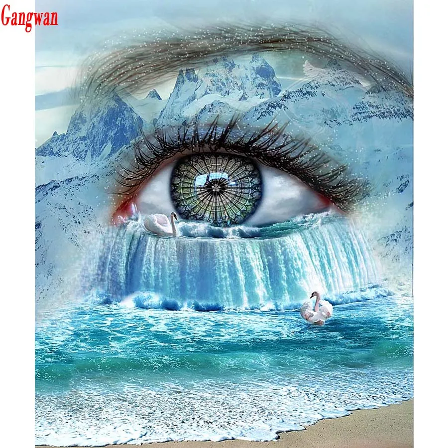Полный 3D Круглый квадратный diy Алмазная картина глаз морской водопад пейзаж 5D мозаика Лебедь вышитые алмазами картина украшение комнаты