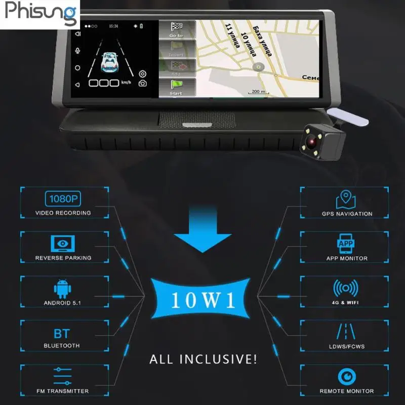 8 дюймовый автомобильный видеорегистратор Phisung E02, сенсорный, 4G, WiFi, Android 5,1, Full HD, 1080 P, Автомобильный видеорегистратор, камера, видео регистратор, gps, ADAS, двойной объектив, видеорегистратор