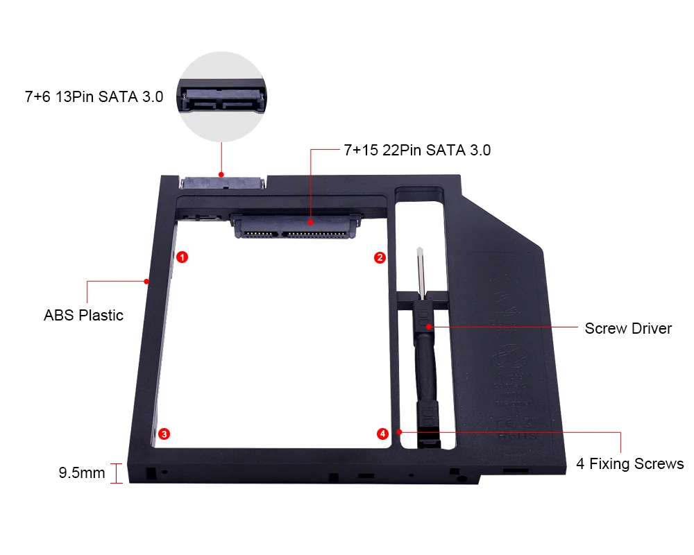Placstic Optibay SATA 3,0 2nd HDD Caddy 9,5 мм для 2,5 дюймов 7 мм 9 мм SSD чехол жесткий диск Корпус драйвера адаптер для ноутбука CD-ROM