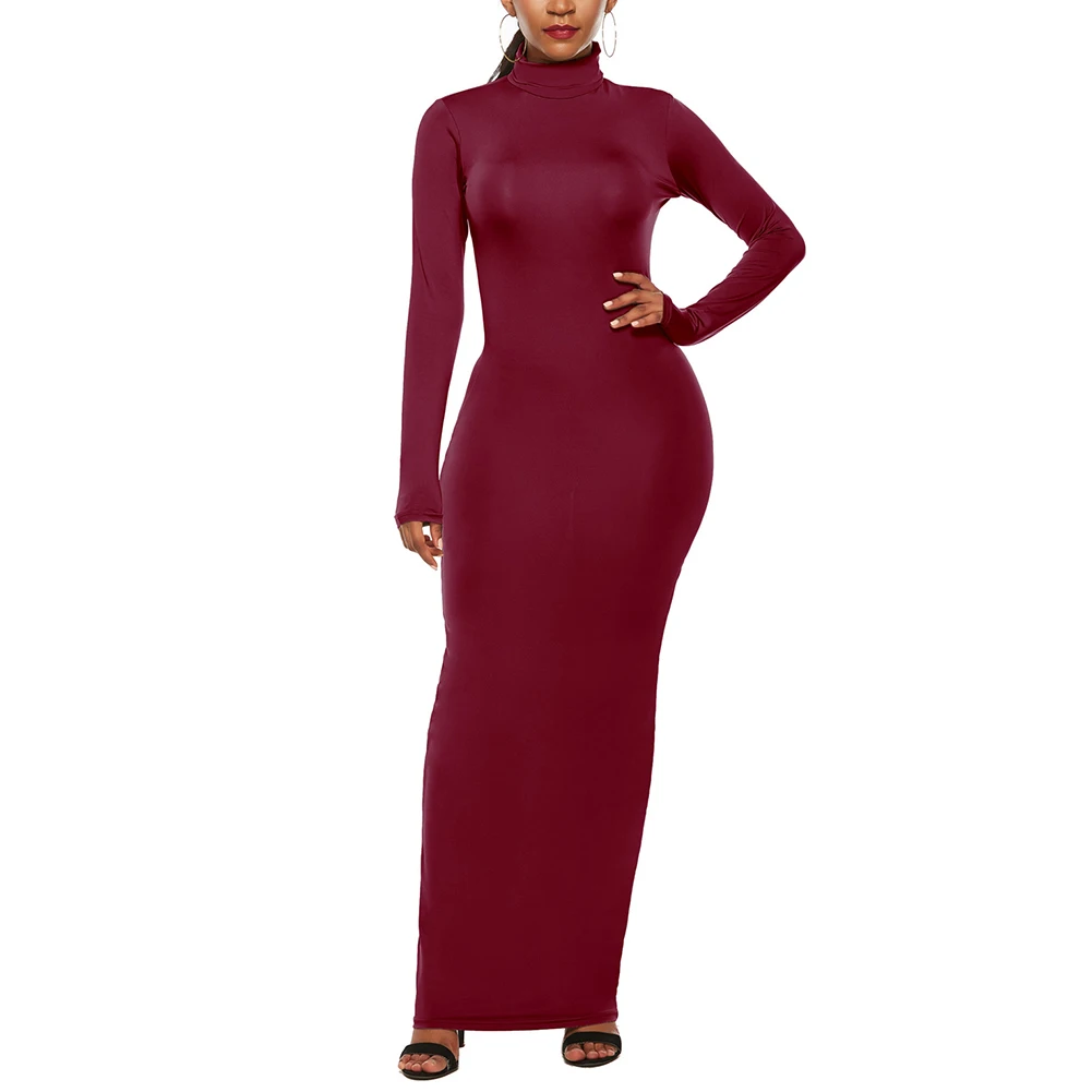 Women Long Sleeve High Collar Dress Solid Color Stretch Slim Summer QL Sale | Женская одежда