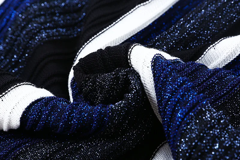 Полосатая плиссированная блестящая трикотажная длинная юбка с высокой талией