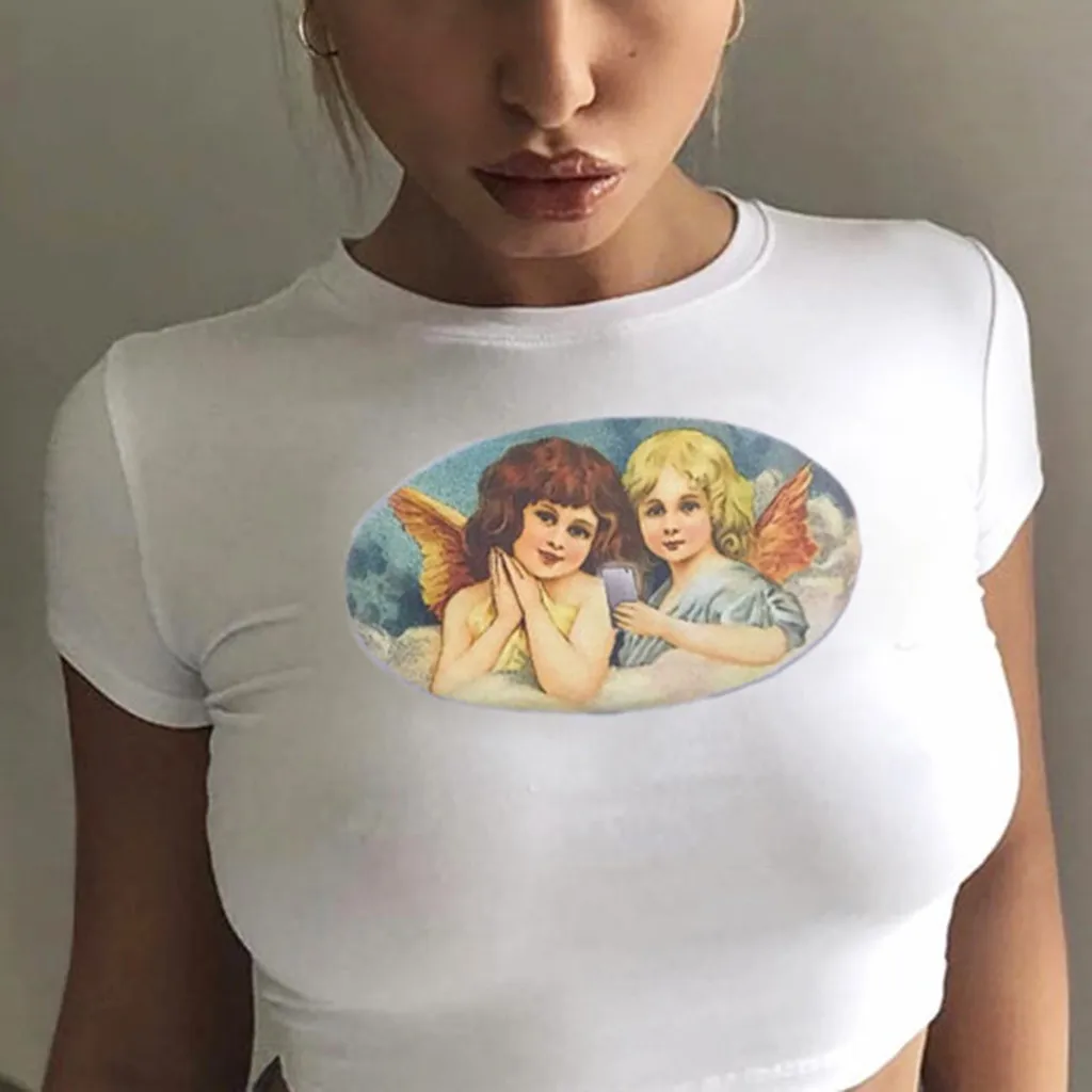 Повседневная футболка с коротким рукавом водолазка Короткие топы принтом