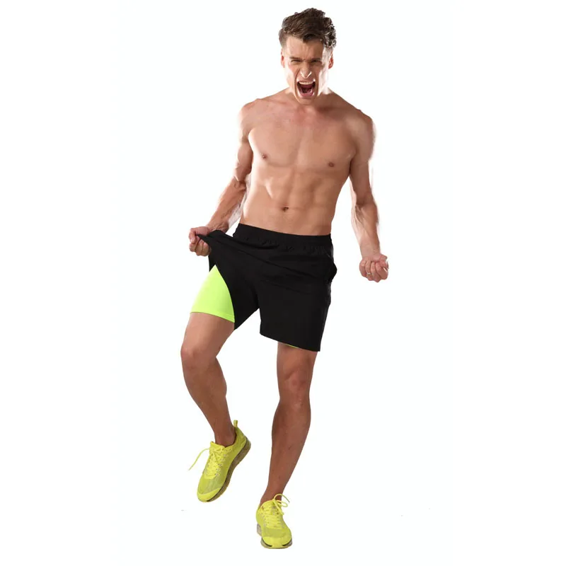 Мужские шорты для тренировок и фитнеса брендовые качественные 2 в 1 7 дюймов