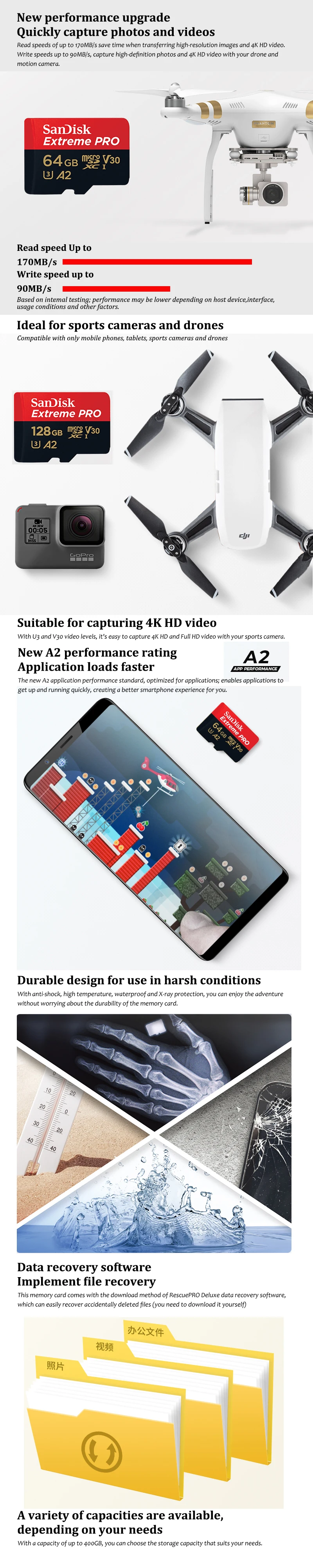 Двойной Флеш-накопитель SanDisk Extreme PRo microSDXC UHS-I 64 Гб 128 Гб карта памяти micro SD карты TF 170 МБ/с. Class10 U3 A2 с адаптером SD