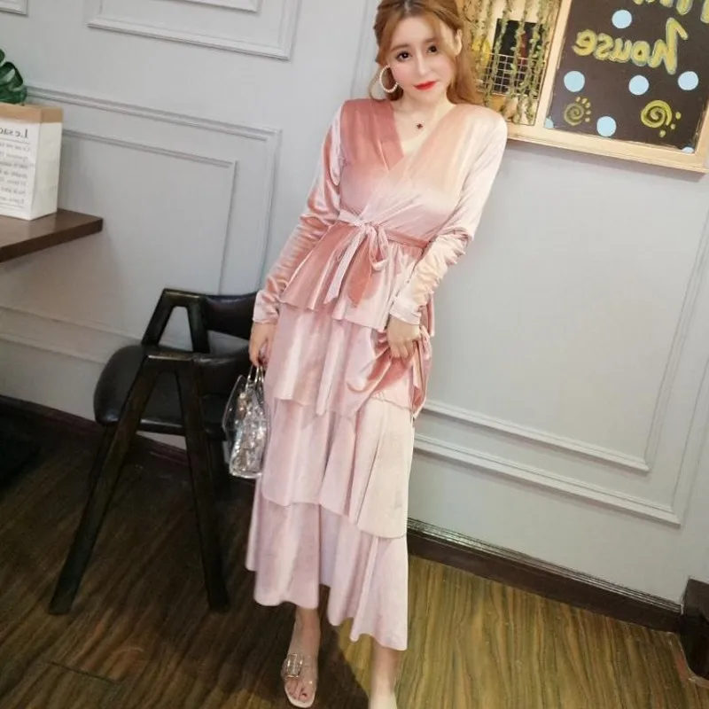 Осенне зимнее женское платье 2019 повседневное винтажное бархатное с длинным