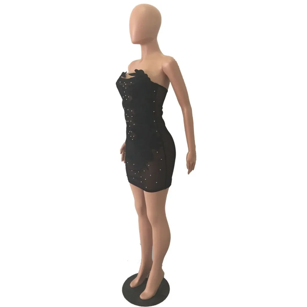 

Bead Print Women Mesh See Through Club Sexy Mini Dress Women Bodycon Short Dresses