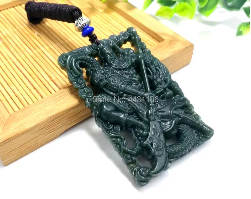 Натуральный темно-зеленый нефрит резной дракон/Guan Yu полые кулон цепочки и ожерелья китайский справедливость общие Гуань Гун амулет