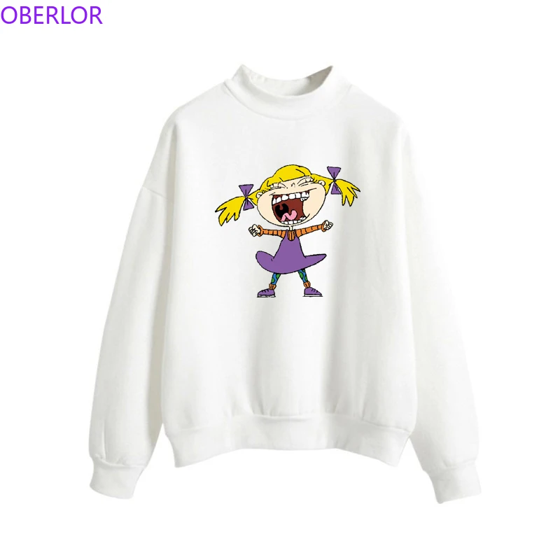 Толстовки с принтом Rugrats, Женская Осенняя Зимняя Повседневная Толстовка с длинным рукавом белого и розового цвета размера плюс, Высококачественная удобная толстовка