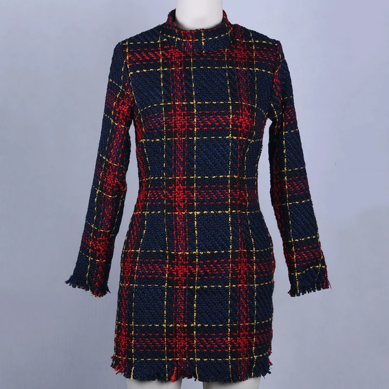 Женское облегающее платье в клетку с длинным рукавом|Женские платья| |