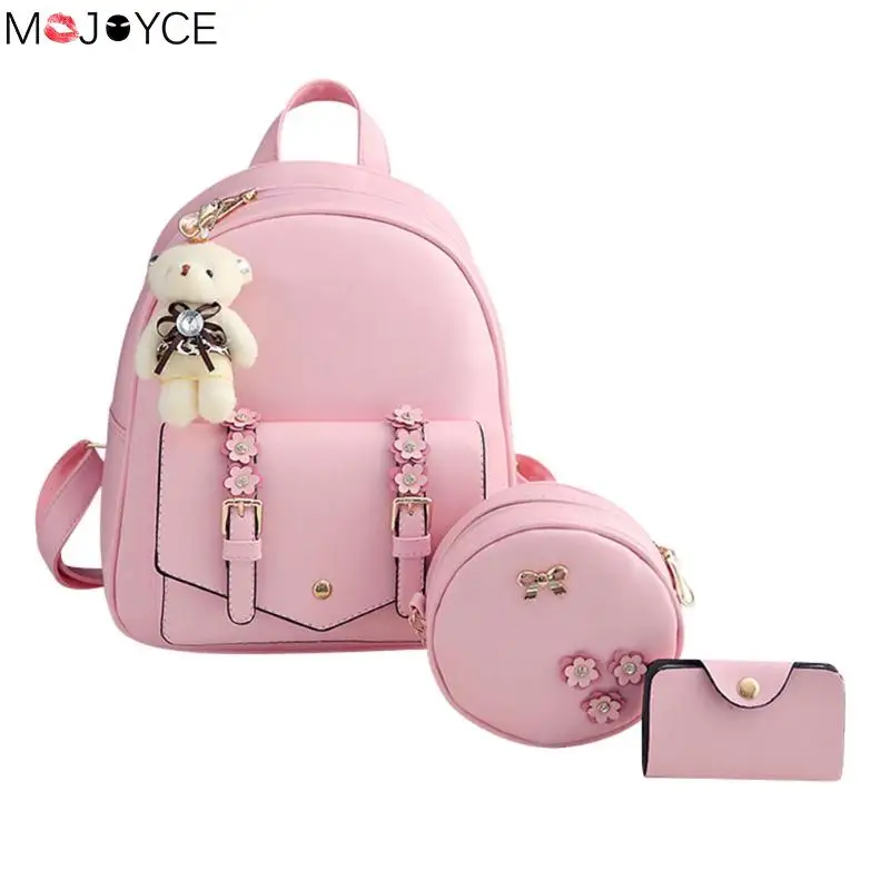 Pink 3 шт./компл. женский рюкзак композитная сумка Pu Рюкзак женские школьные сумки для подростков милые девушки круглые сумки через плечо мини сумки - Цвет: Pink