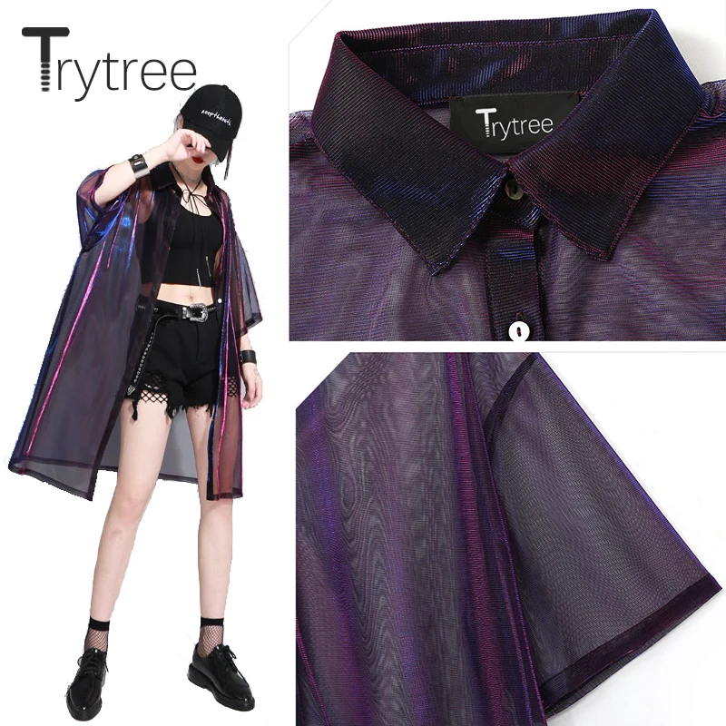 Trytree лето осень женская блузка Прозрачная сетка Лазерная Солнцезащитная топ модные рубашки Солнцезащитная рубашка с коротким рукавом топы