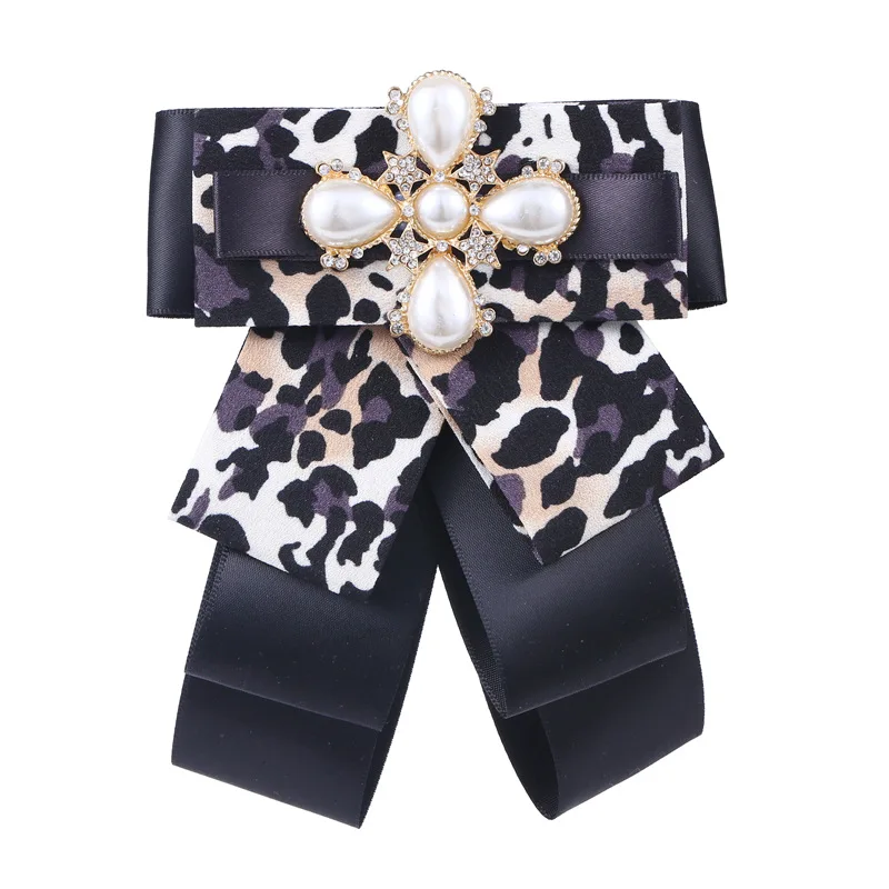 Fashion leopard bow brooch exaggerated retro collar flower large pearl tie | Ties