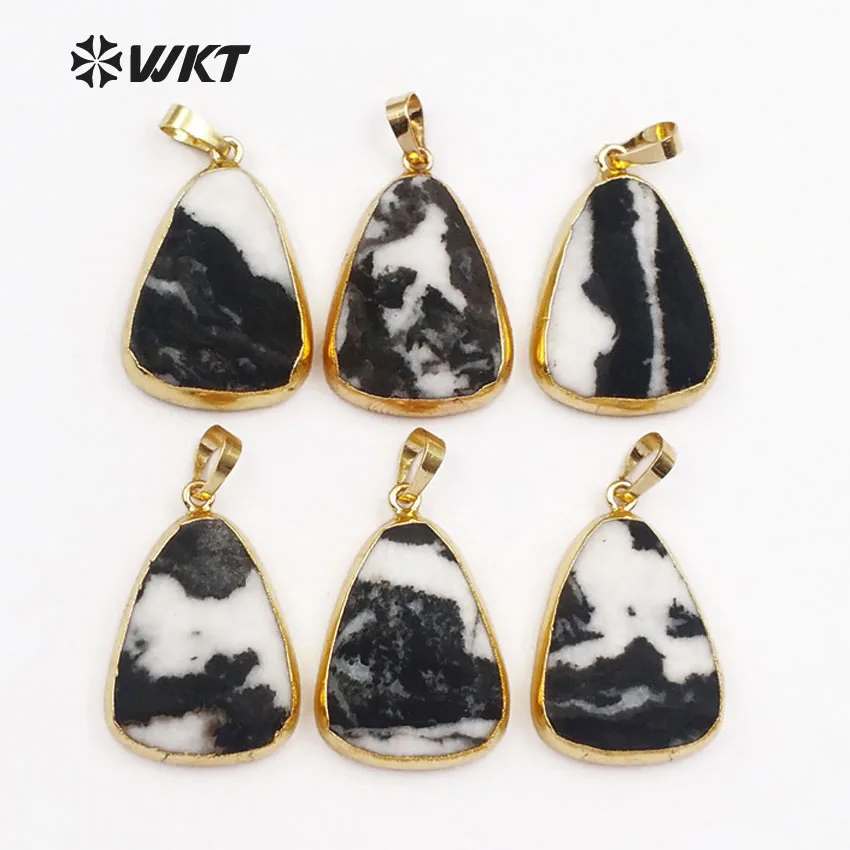 

WT-P1022 Big Tear Drop Gold Trim Pendant Natural Zebra Stone In Random Shape For Women Stylish Necklace Pendant