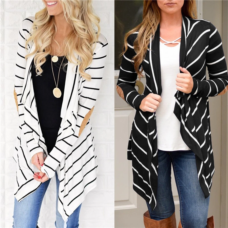Casual Elbow Patchwork Knitted Sweater Fashion 2018 Autumn Winter Outerwear Women Long Sleeve Striped Printed Cardigan WLD338 |