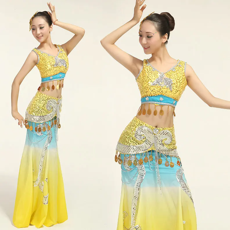

2017 Ancient Chinese Costume New Sequined Peacock Costumes Chinese Folk Dance Wear Ethnic Thailand Yunnan Dai Fishtail Skirt