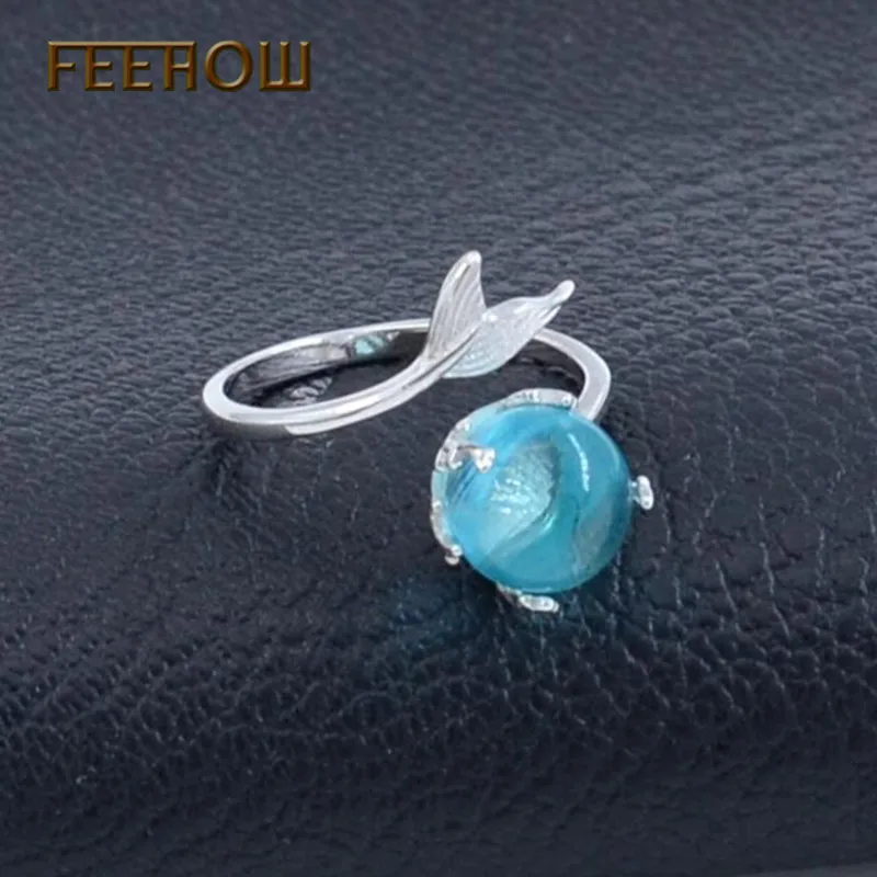 FEEHOW модные милые голубые кристаллы Открытые Кольца рыбий хвост Русалка