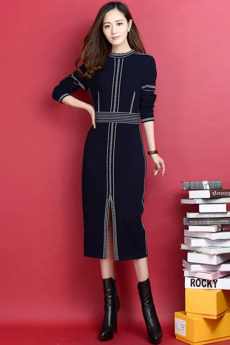 Осень зима новое трикотажное платье женское платье свитер с длинным рукавом женское платье с шипами и бисером приталенное Повседневное платье джемпер V238