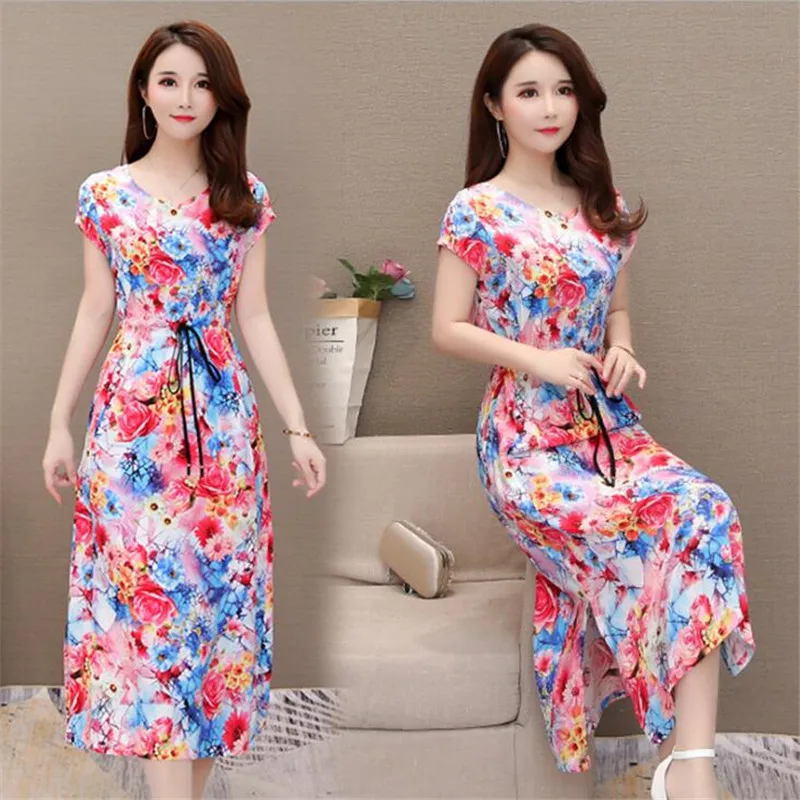 Женское длинное платье свободное Хлопковое модель E394 на лето с цветочным принтом