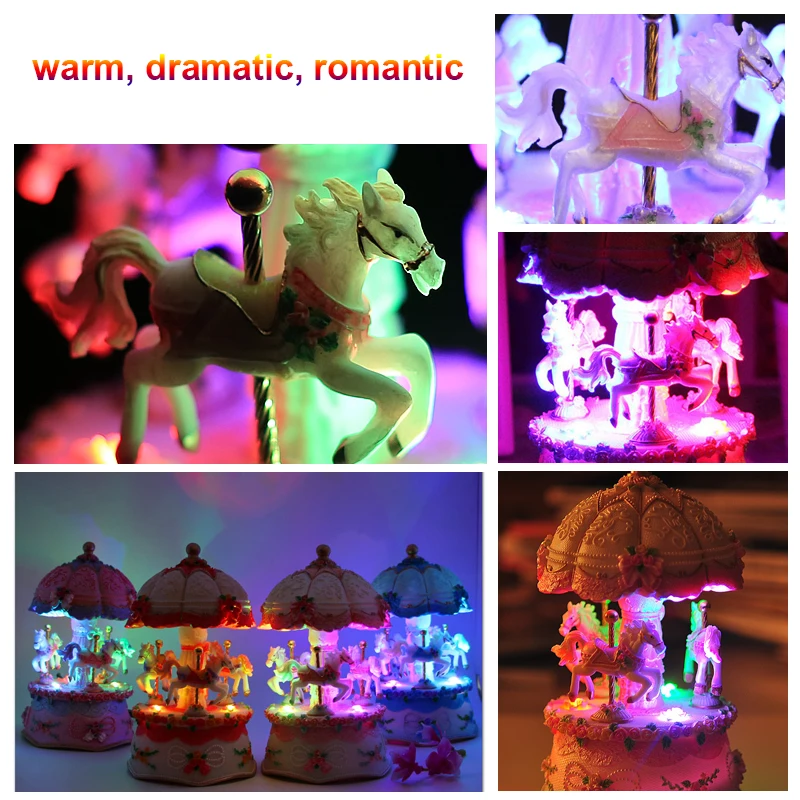 Карусель музыкальная шкатулка Изменение мигающий светодиодный светильник светящийся Вращающийся 3-Horse Мелодия Музыкальная шкатулка день Святого Валентина День рождения Рождественский подарок