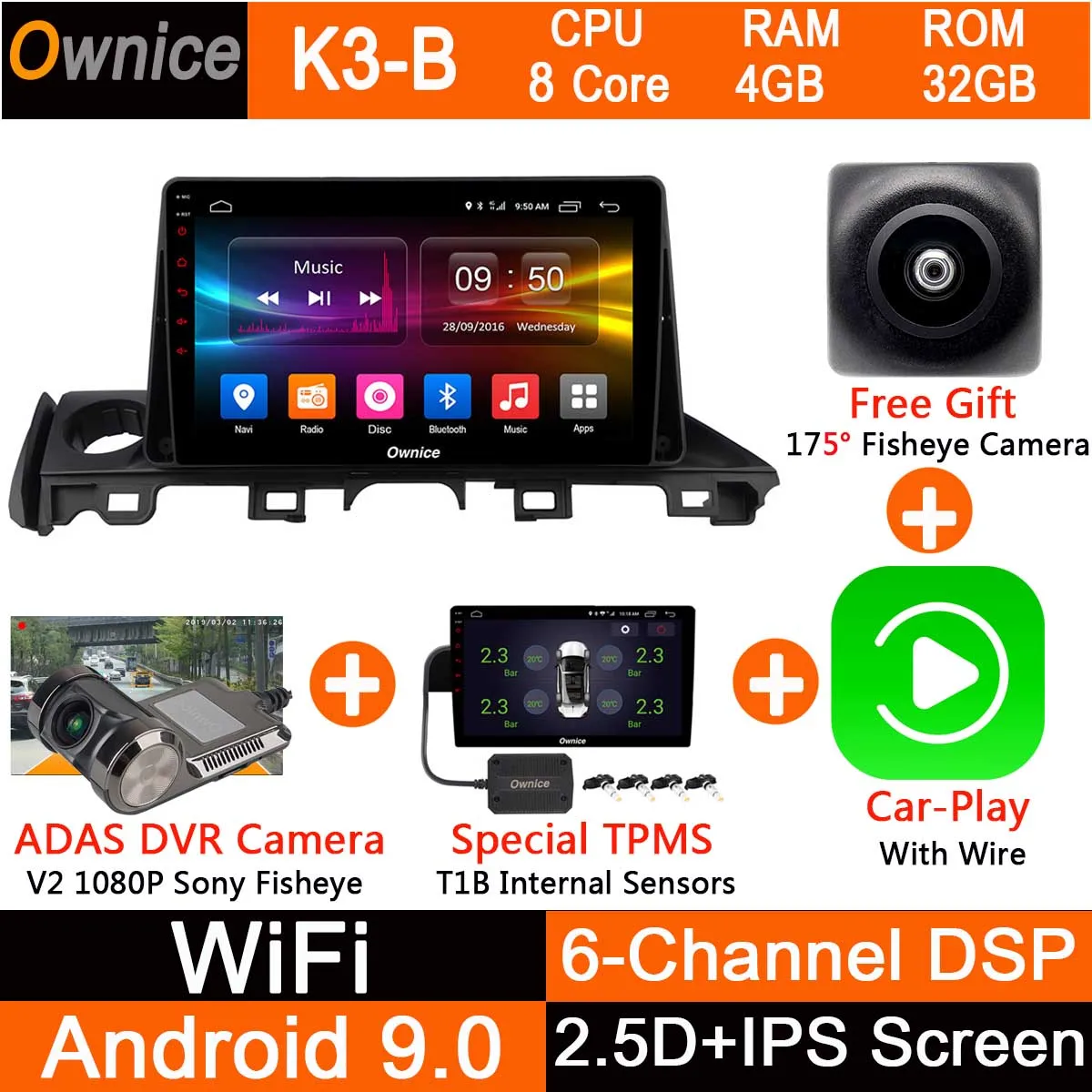 K3B-CarPlay-TPMS-DVR Android 9,0 8 ядерный " ips 1Din 4G+ 32G DSP CarPlay Автомобильный DVD Радио gps Navi плеер для Mazda 6 III 3 GJ Atenza dzda6 - Цвет: K3B-CarPlay-TPMS-DVR