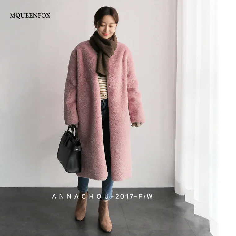 

Winter Faux Fur teddy coat Women 2021 Sweet Pink Long Faux Fur Coats Warm Long Sleeve Jacket Pockets Overcoats Outwear Coat