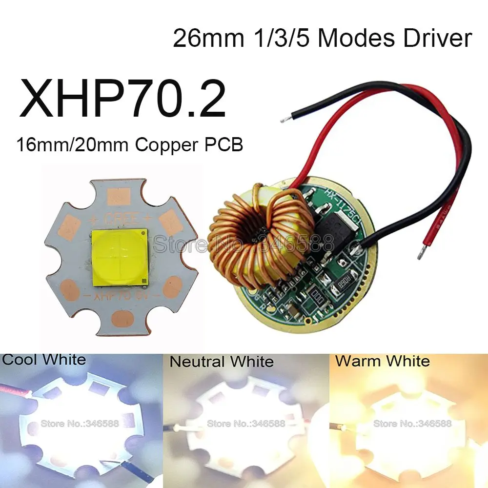 Cree XHP70.2 6 в холодный белый/нейтральный белый/теплый белый светодиодный излучатель 16 мм/20 мм Медь PCB+ 26 мм 1 режим/5 режимов драйвер