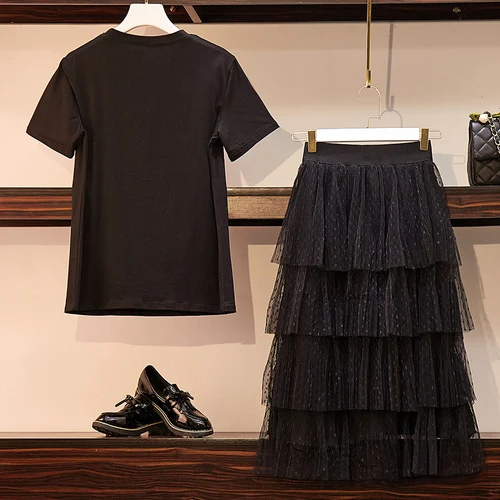 Женский комплект из 2 предметов с юбкой футболка коротким рукавом и лебедем