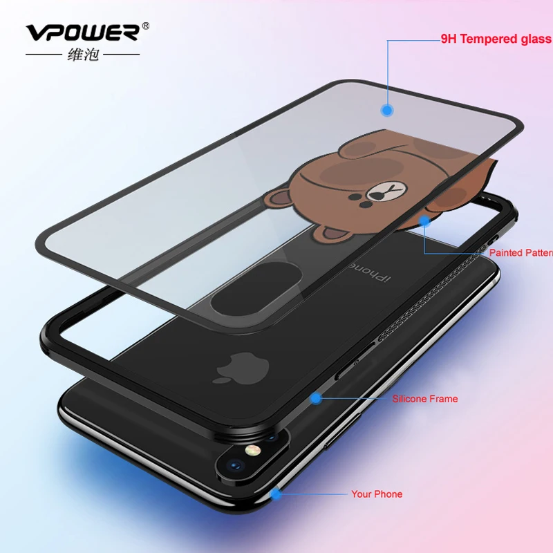 VPOWER для iPhone X 6 7 8 plus чехол с мультяшным рисунком закаленное стекло
