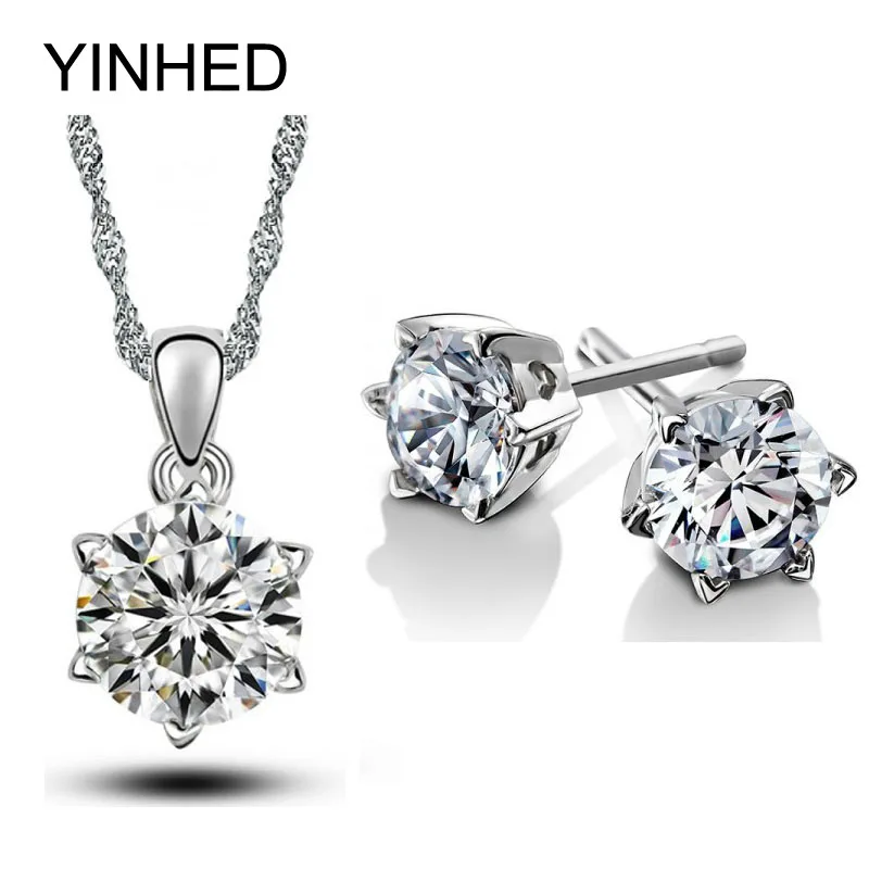 

YINHED Solid 925 Sterling Silver Wedding Jewelry Sets 6mm Cubic Zircon Stud Earrings Pendant Necklace Bridal Jewelry Sets ZS051