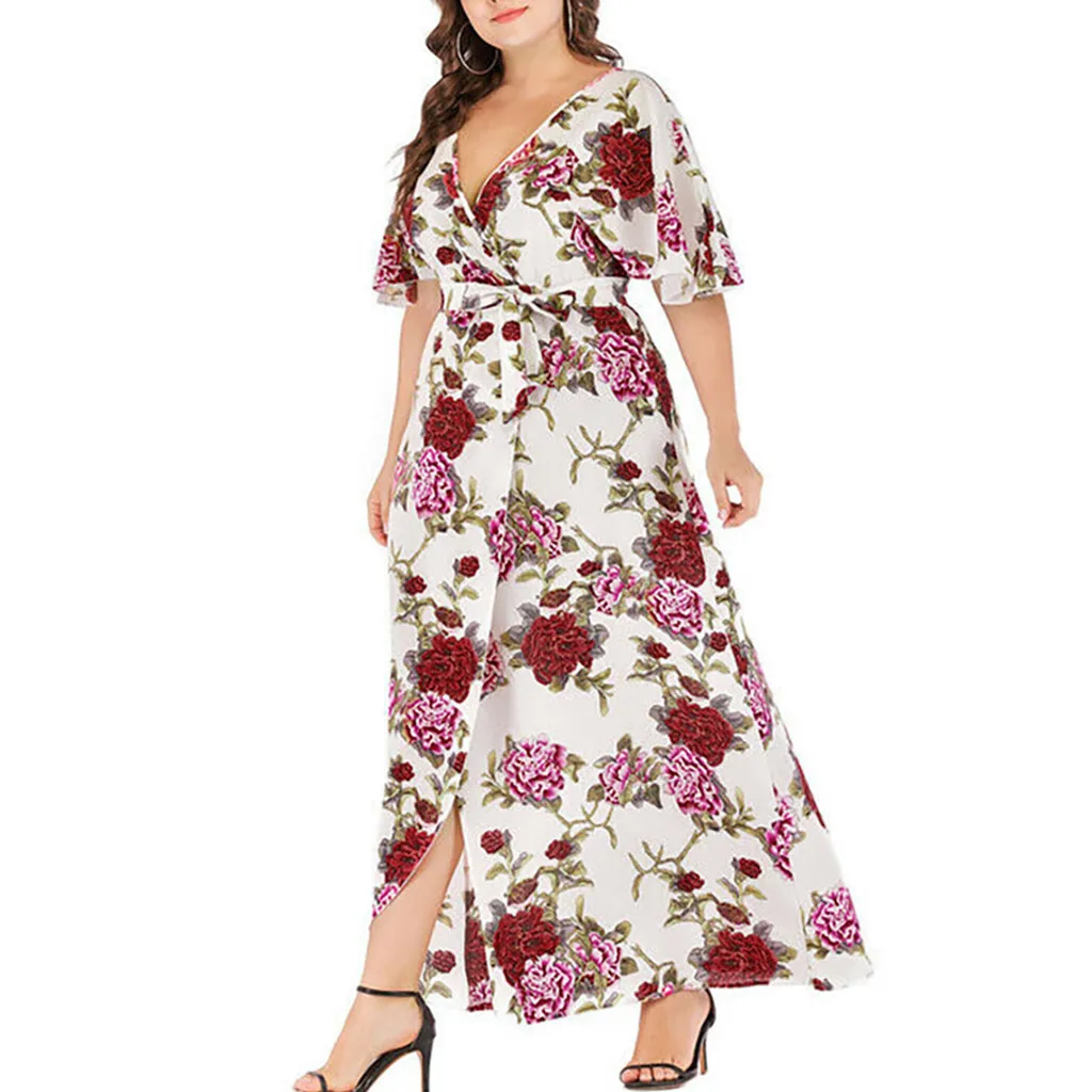 Женское платье размера плюс летнее Платье макси с коротким рукавом и v образным