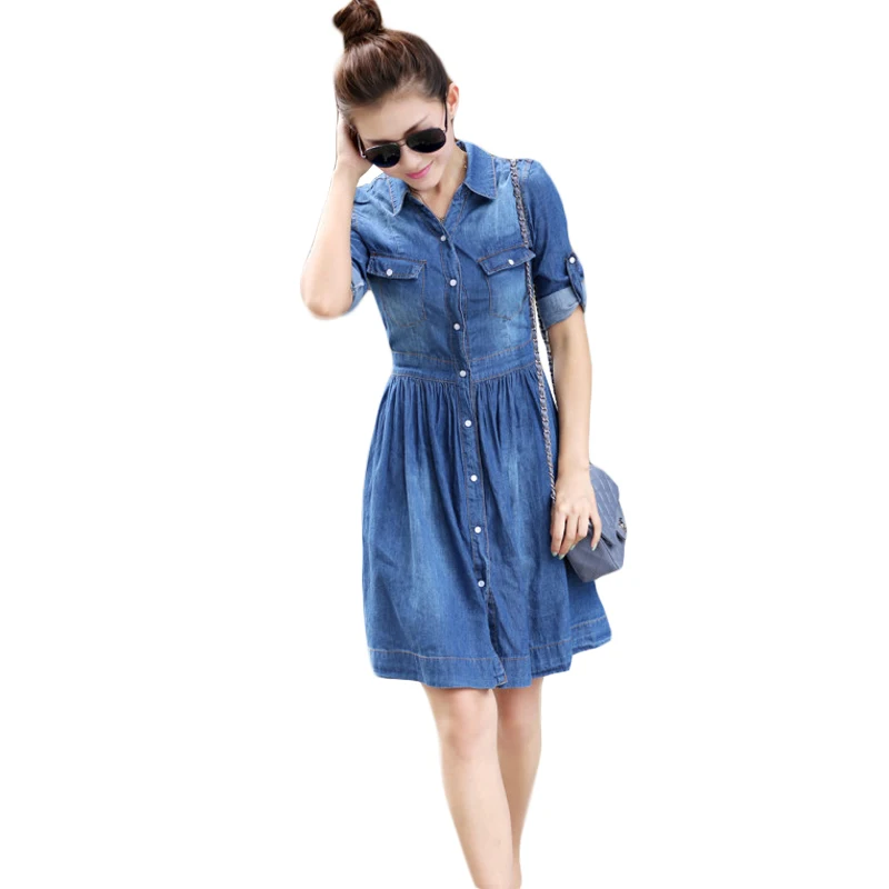 Летнее джинсовое платье с отложным воротником новинка 2017 милое короткое для