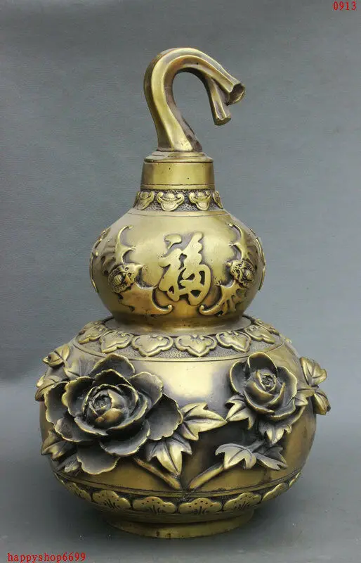 

18 народное искусство Китая JiXiang Бронзовый Резные фу цветок тыквы летучей мыши статуя горшок для вина, кувшин для напитков