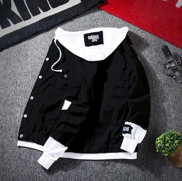 Джинсовая куртка мужская приталенная рваная джинсовая с капюшоном бомбер в