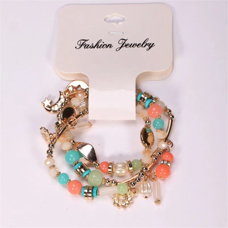 

Vintage Multi Layer Round Sunflower Lock Moon Beaded Bracelets For Women Charm Gold Color Glass Bracelet Wedding Jewelry Bijoux