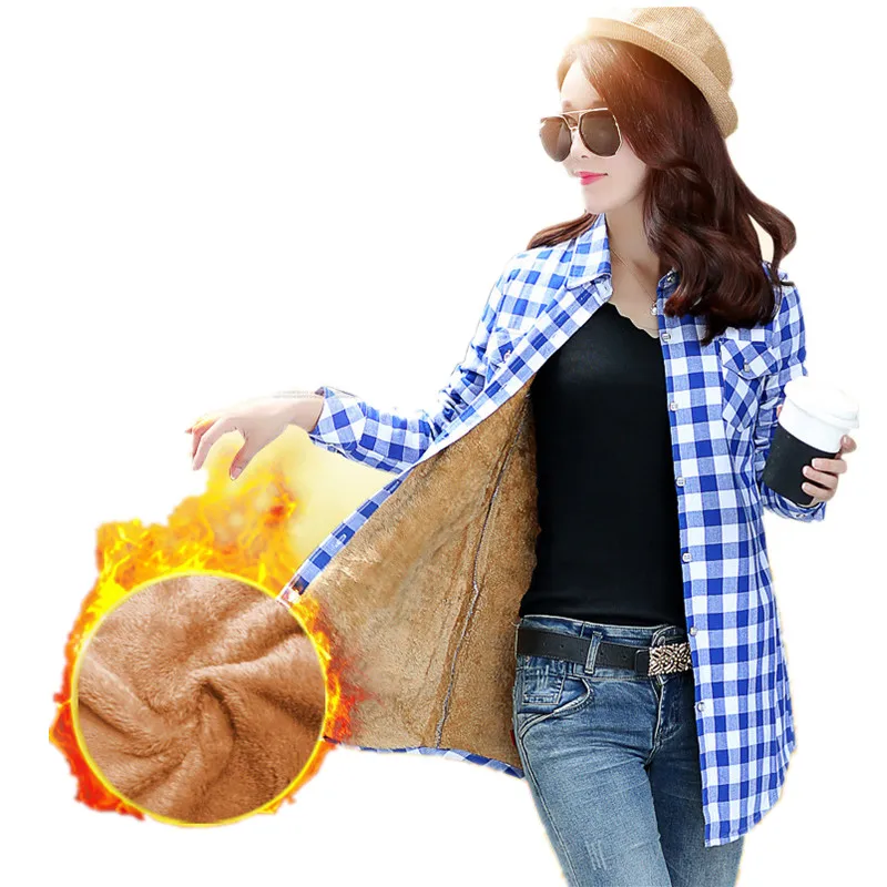 2020 Winter Women Warm Cashmere White Blue Plaid Shirt Long Sleeves Leisure Thick Velvet Blouse Blusas Femininas | Женская одежда