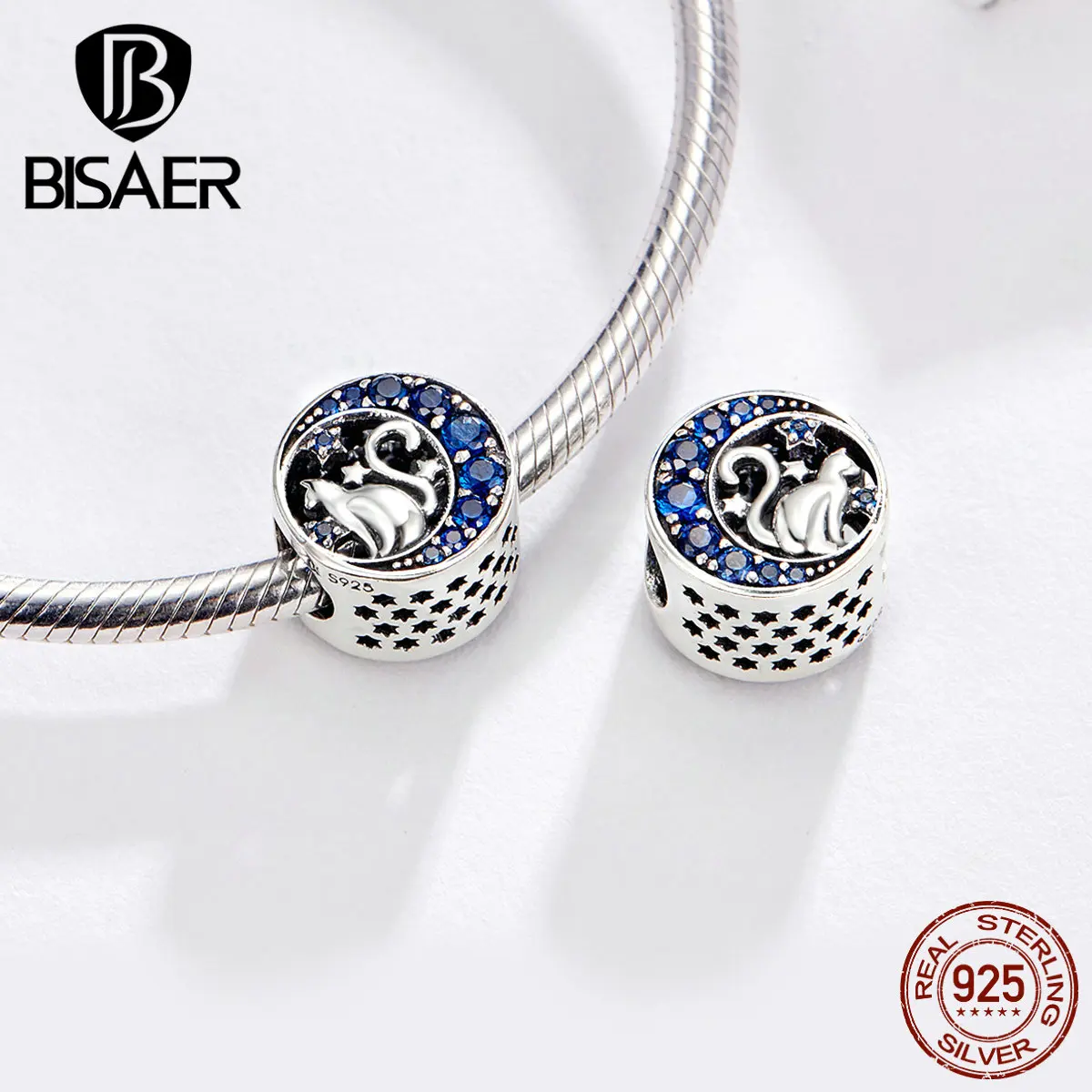 Бусины BISAER Pussy, 925 пробы, серебро, кот в Луне, подвески, голубая луна, котенок, бусины, подходят для DIY браслетов, 925 серебряные ювелирные изделия ECC1204