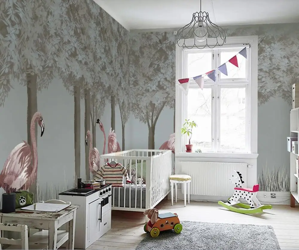 3D Настенные обои на заказ скандинавский фон с ручной росписью леса фламинго ТВ