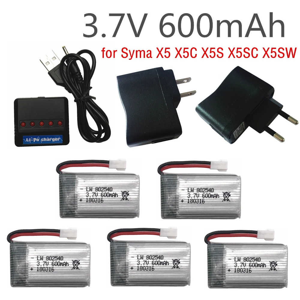 

5PCS 3.7 V 600 mAh Lipo Battery Pack + 5 in1 charger for Syma X5 X5C X5S X5SC X5SW RC quadcopter Remote controlled aircraft