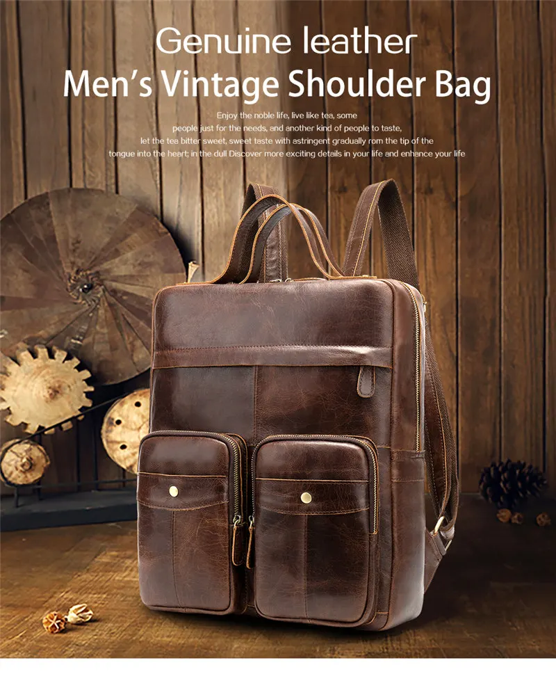 Vintage Genuine Leather Backpack Men Laptop Backpack High Quality Cowhide Leather Male Casual Bags Large Capacity