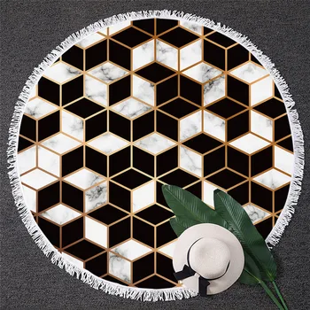 BlessLiving Geometric Print Round Beach Towel Black White Towel Large for Adult Marble Texture Toalla Tassel Stylish Yoga Mat 2