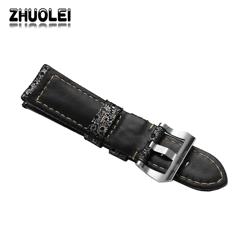 

Zhuolei Quality Petal pattern Genuine Leather Watch band22 24mm 26mm Sterling Silver Retro Buckle For Mens Watch accessories