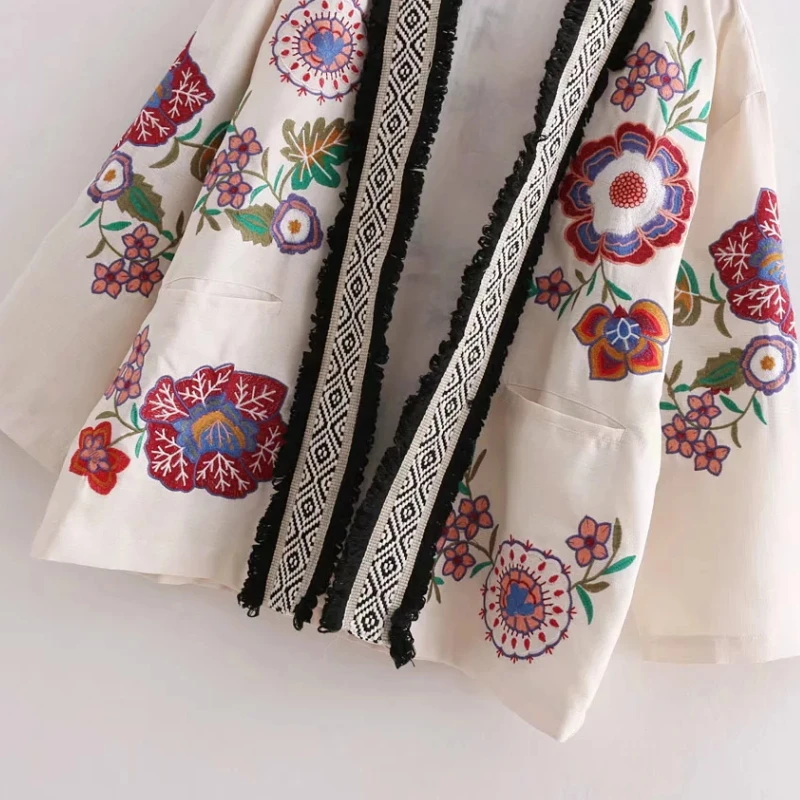 2019 autumn women floral embroidery oversized kimono coat tassel patchwork open stitch pockets female loose outerwear coats | Женская