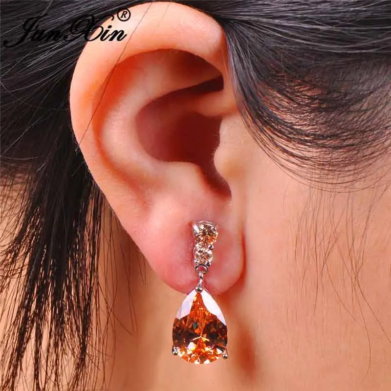 Champagne Earrings JUNXIN мистический огненный Циркон слеза Циркон Висячие серьги для женщин Фиолетовый Синий Зеленый Радуга камень грушевидной формы свадебные серьги для женщин - Окраска металла: Champagne Earrings