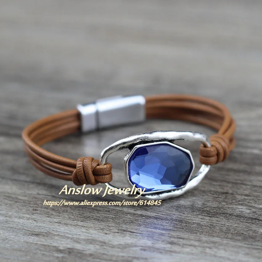 Anslow, дизайнер,, модное ювелирное изделие, амулеты, кристалл, натуральная кожа, браслет для женщин, леди, женский подарок, LOW0719LB - Окраска металла: LT Coffee Blue