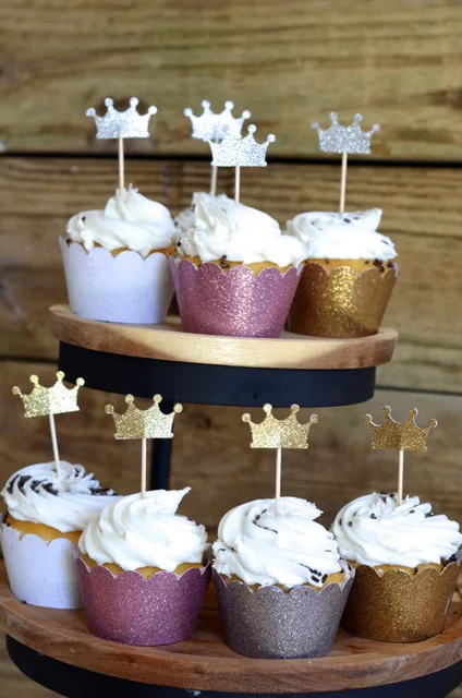 

Glitter Crown Cupcake crowns Wrappers and Topper set holders wedding Valentine's day bridal shower Supplies