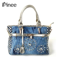 ipinee summer 2021 fashion womens handbag large oxford shoulder bags patchwork jean style and crystal decoration blue bag