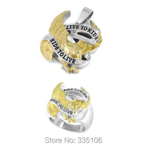 Бесплатная доставка! Золото в прямом эфире ездить орел Байкер кольцо и кулон