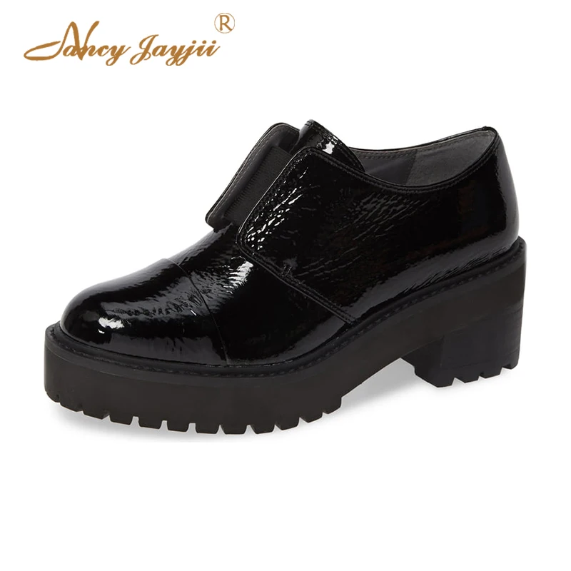 

Large Size Black Platform Pumps For Woman Spring Autumn Shoes Cap-Toe Glossy Patent Leather High Round Heel Fashion Beautyfeet