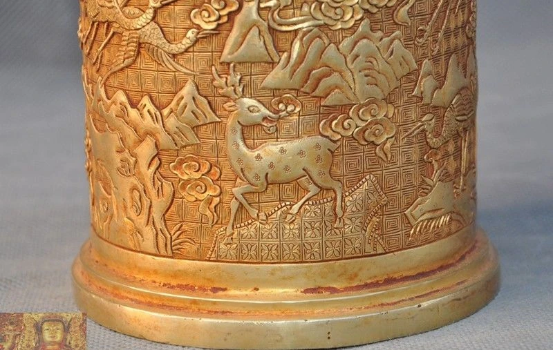 Китайская бронзовая фигурка периода династии 24 К позолоченный кран Птица олень