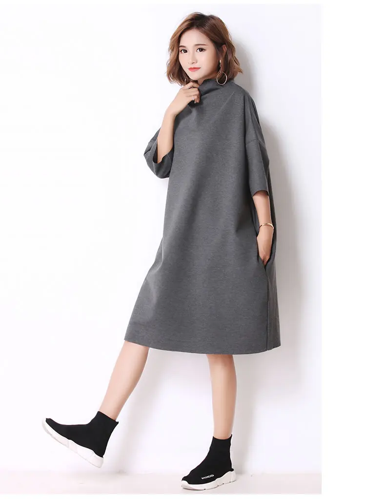 [XITAO] Korea New Autumn Casual Women Turtleneck Above Knee Dress Female Half Sleeve Solid Color Pullover Dress GWY2464